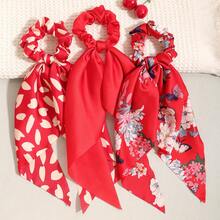 3件套缎面纯红色三角巾套装，长款飘逸头饰发饰，跑步旅行必备，马尾辫发圈，发绳，弹性发圈 - 大紅 - 查看 5