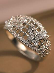 1pc Elegant Butterfly Pattern Hollow Out Single Rings Creative Inlay Cubic Zirconia Charm Women Ring For Engagement Mother's Day Holiday, Travel Party Copper Gifts - White - View 1