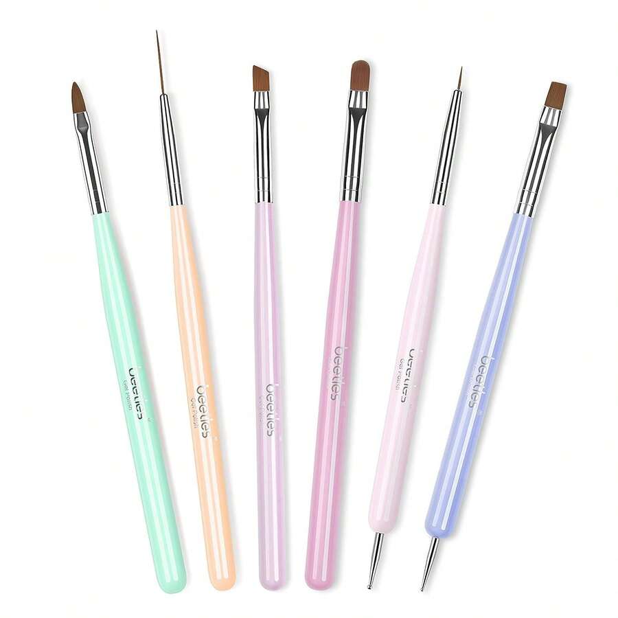 Beetles Gel Polish Nail Art Brushes Wood Alloy Handle, Dotting Pen Clean Up Liner French Nail Brush Set - 6pcs Gray Nail Brush - 查看 1
