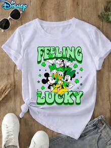 Disney Women's Mickey & Friends St. Patrick's Day Character Group Cartoon Pattern Short-Sleeved T-Shirt - Amusement Park Lucky Theme Round-Neck Top, Soft Cotton Breathable Fabric, Summer Casual Vacation Style, Fun Design, Suitable For Parade & Daily Leisure, Breathable And Comfortable - trắng - Xem 1