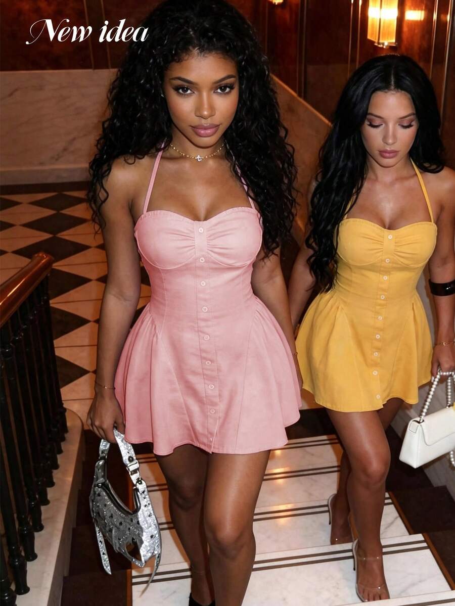 女士优雅粉色迷你连衣裙，柔软弹力面料，无肩带褶皱前襟纽扣喇叭裙摆连衣裙，甜美时尚派对装扮，女士优雅派对礼服，粉色喇叭迷你连衣裙，休闲外出连衣裙 - 粉色 - 查看 1