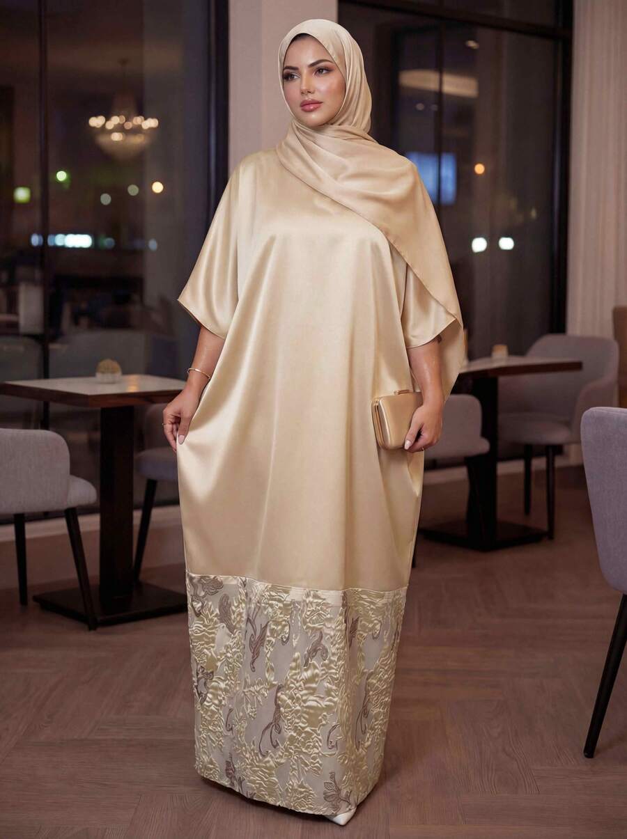 SHEIN Autumn And Winter Elegant Modest Gold Dress V Neck Plus Size Solid Color & Printed Patchwork Short Sleeve Dress Long Summer Dress For Women Yellow New Year's Dress Plus Size Dress Women Church Dress Christmas Dress Elegant Dresses For Women Wedding Party Dress Abayas Dubai Luxury Zeylah Dress Najma Dress Modest Sets For Women Sparkly Dress Floral Dress Sparkly Dress - Apricot - View 1