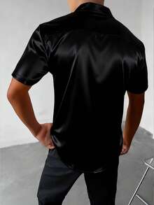 WAIT HIM Men's Satin Short Sleeve Single-Breasted Fashion Shirt - Black - View 3