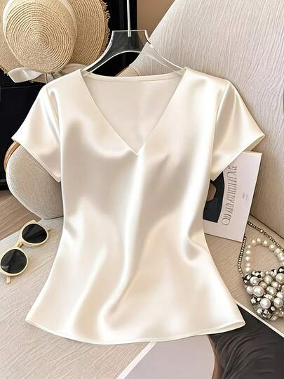 Satin V-Neck Short Sleeve Blouse, Summer New Arrival White