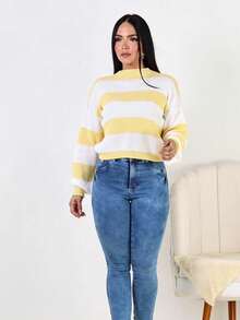 Women's Striped High Neck Knit Sweater, Winter Blouse - 黃色 - 查看 3