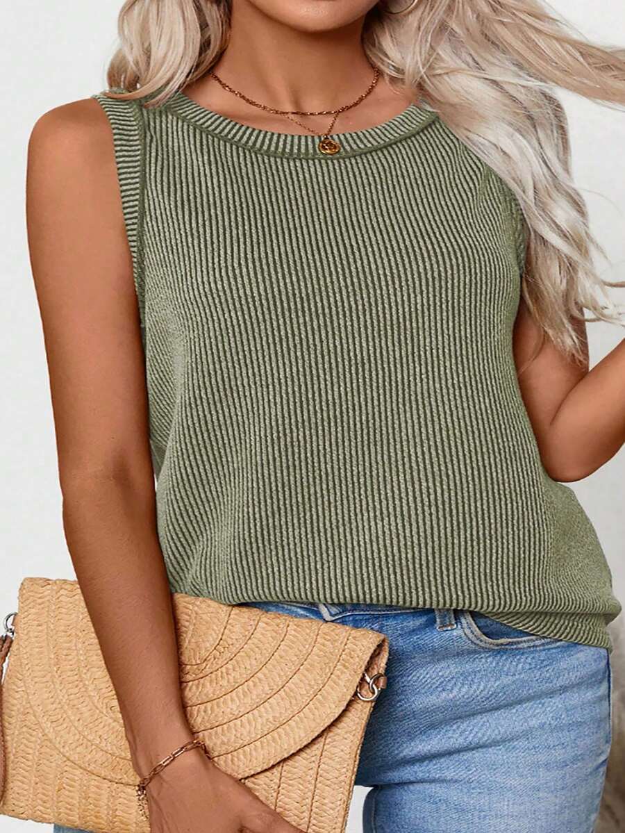Plus Size Women Crew Neck Ribbed Tank Top, Casual Summer - Army Green - View 1