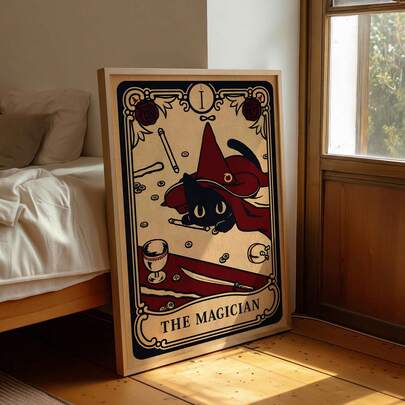 1 st svart katt trollkarl tarotkort väggkonst bild vintage mystisk tarot kanvastryck målningar | Retro gotisk söt häxig svart katt dekorationer för sovrum, vardagsrum eller kontor heminredning, mörk akademi estetisk poster, unik andlig gåva till henne, oramad eller inramad