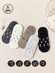 5/10 Pairs Women Geometric Heart Pattern Ankle Socks, Comfortable Breathable Knit Lining, High Quality - Multicolor - View 7