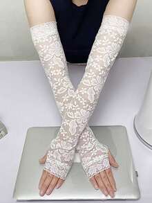 1 Pair Solid Color Knitted Lace Trim Arm Warmers For Women, Black & White, Mid-Length Knitted Sleeve Cuffs, Autumn/Winter - Multicolor - View 12