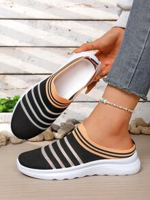 New Striped Knit Mule Shoes For Women, Lightweight Breathable Slip-On Loafers, Soft Sole Casual Backless Shoes - Black - View 5