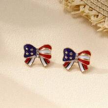 2PCS Fashionable American Flag Bow Earrings - Rhinestone Decoration, Suitable For Casual Wear, American Independence Day Holiday Accessories, Photo Accessories - 金黃色 - 查看 6