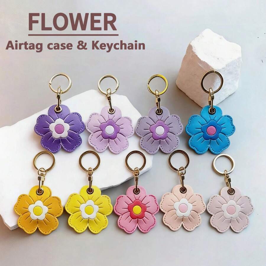 Leather Keychain Holder Case Compatible With AirTag,Flower Cute Air Tag Cover With Keychain Ring,GPS Tracker Case For Keys - Multicolor - View 1