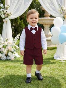 3 pezzi Completo da Gentiluomo per Ragazzi Giovani - Camicia Bianca con Papillon, Gilet Bordeaux e Pantaloncini, Alla Moda e Adatto per Feste di Compleanno, 1° Compleanno, Matrimoni, Occasioni Formali - Bordò - Visualizzare 2