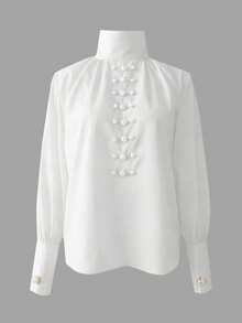 Women's Elegant Pearl Decor Lantern Sleeve Blouse, Fashionable Loose Tie Waist Design, Suitable For Party, Office Wear - White - View 3