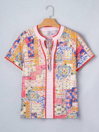 Lace Striped V-Neck Patchwork Print Short Sleeve Top