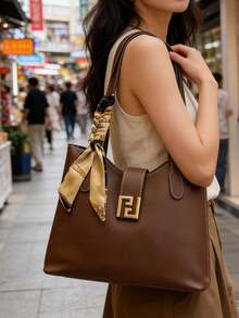 1pc PU Shoulder Tote Bag With Silk Scarf Decor, Large Capacity, Lightweight Multi-Purpose, Suitable For Commuting To Work - Coffee Brown - View 7