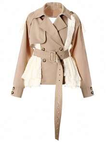 Women's Elegant Lace-Trimmed Patchwork Trench Coat With Belt - A-Line Regular Fit, Outerwear For Casual & Smart-Casual Wear, Belted Waist For A Tailored Look - 杏色 - 查看 7