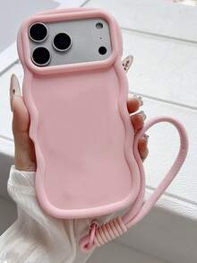 Keychain,Lanyard Simple Macaron Big Wave With Lanyard Phone Case Compatible With IPhone 17 Pro Max Air 16 1514 13 12 Pro Max 14 15 16 Plus 11 Fashionable And Premium Shockproof Bumper Cover - Pink - View 1
