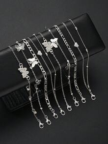 8pcs Bohemian Style Butterfly & Heart Anklet Set, Suitable For Women, Couples, Sisters, Summer Holiday, Date, Daily Casual, Wedding Party, Gift For Mom, Friends, Sisters - Silver - View 5
