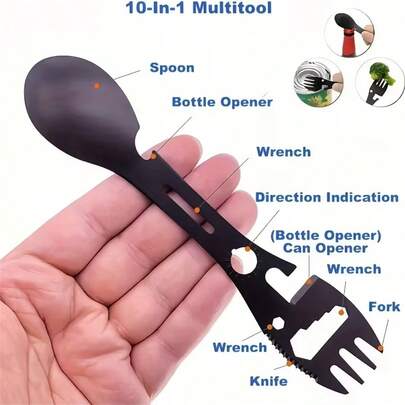 10-In-1 Stainless Steel Multi-Function Spork - Includes Bottle Opener, Serrated Knife, Wrench, And Compass, Compact Design For Camping, Hiking, Picnics, And Backpacking - Black Coated, Hiking Gear | Multi-Tool