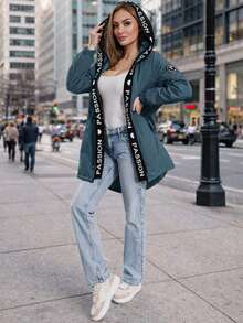 Oversize-Parka für Damen, leicht gefütterte Jacke mit Kapuze, feste Kapuze, Reißverschluss, dekoratives Strickmuster entlang der Jacke, elastische Bündchen an den Ärmeln, Kordelzug in der Taille, mittellang bis zum Oberschenkel, lässig, Frühling/Herbst - Königsblau - Übersicht 1