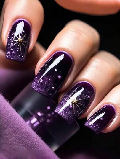 24pcs Medium Square False Nails, 3D Glitter Gold Star Sky Full Cover Removable Nail Art Set, Suitable For Women Party, Ball And Daily Wear