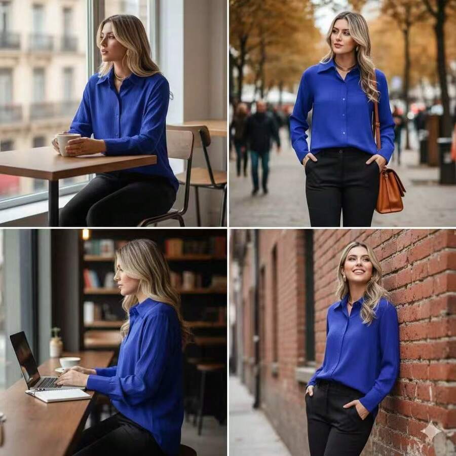 Women's Swallowtail Shirt Hem Long Sleeves Smoking Plain Viscose 373800 - 寶藍色 - 查看 1