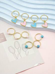 10件套粉蓝爱心串珠发圈套装，配仿绿松石 - 可调节发箍，波西米亚风发饰，适合女士辫子和脏辫 - 金色 - 查看 4