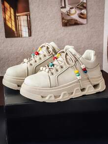 男士串珠厚底休闲运动鞋，独特系带厚底学生鞋 - 米色 - 查看 7