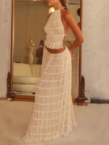 Women's 2 Piece Dress Set, Sexy Sleeveless Backless Halter Crop Top & Pleated Long Skirt, Beach Outfit - 白色 - 查看 6