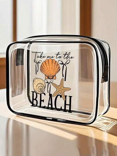 "Take Me To The Beach" Letter Print PVC Waterproof Beach Bag With Seashells And Starfish, PVC Toiletry Bags, PVC Travel Organizer Pouch With Zipper Closure - Lightweight Fade-Resistant Makeup & Toiletry Bag For Women & Men, TSA-Approved Portable Cosmetic Case, Easy Wipe-Clean Design, Cosmetic Bag For Mother, Teacher, Friend, Nurse, Cosmetic Bag, Travel Essentials Bag For School Vacation Holiday Back To School Supplies Wash Bag, Mother's Day Gift, Travel Essential