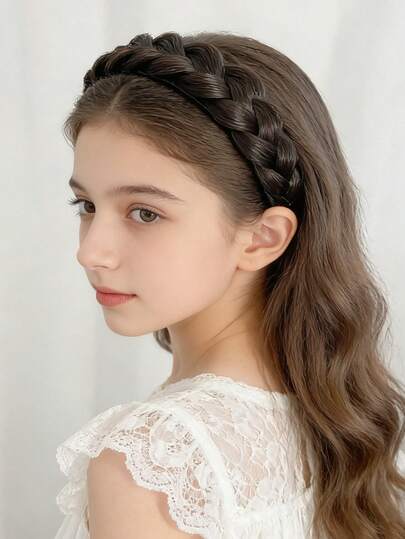 1 Pieza - Diadema trenzada con espina de pescado, elegante y con estilo, unicolor simple y antideslizante, tejida a mano, adecuada para fiestas de verano, ocasiones de negocios, uso diario, vacaciones, etc., accesorio de peluca, marrón y negro. Diadema de peluca trenzada con espina de pescado para niñas, clip para el cabello trenzado, coletero, diadema, accesorio para la cabeza.