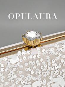 OpulAura亮片刺绣花卉盒形手拿包，女士时尚亮片拼接手提包，派对晚宴包，随机裁剪，适合女性，适合派对、婚礼、舞会、度假等场合。非常适合派对、婚礼、舞会、晚宴/宴会，可搭配节日派对礼服、晚礼服和亮片连衣裙。 - 白色 - 查看 4