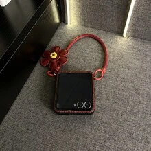 Keychain,Lanyard Luxury Ins Wine Red Straw Mat Pattern Phone Case With Sunflowers Leather Strap Compatible With Samsung Galaxy ZFlip7 Z Flip6 ZFlip 5 Zflip6 Zflip5 Shockproof Back Cover - Burgundy - View 10