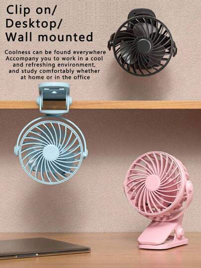 便携式夹式风扇，带LED灯，360°可调节，迷你USB供电，适用于办公室、卧室、旅行和露营，带底座，电池供电，室内外均可使用。