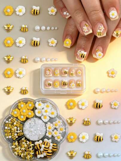 1 Box Cartoon Nail Art Decorations, 3D Yellow Honey Pot, Little Bees, White Pearls, Daisy Flowers, Cute Designs Suitable For Valentine's Day Party, Nail Art DIY Jewelry