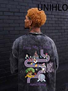 Disneyland Racetrack  Printed Summer Heavyweight Retro Washed Street Fashion Casual T-Shirt - Black - View 3