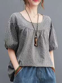 女士优雅宽松格子衬衫，百搭休闲圆领上衣，半袖设计，夏季款 - 黑與白 - 查看 10