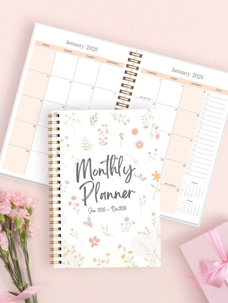 Trees A5螺旋装订月度计划本 2026.1-2026.12 – 2026年全年日历本，包含笔记页、待办事项清单和月度概览页 – 适用于办公室、学校和家庭，办公桌配件，女士完美礼物 - 粉色 - 查看 1