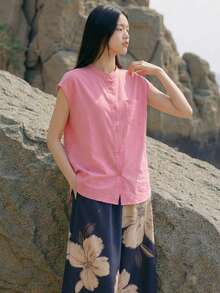 Y6Y New Summer Women Pink Open Front Button Minimalist Blouse Shirt - Pink - View 4