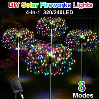 4个太阳能烟花灯 - 320/240颗LED灯珠，8种照明模式，非常适合圣诞节和万圣节装饰，暖白光/彩色，圣诞装饰
