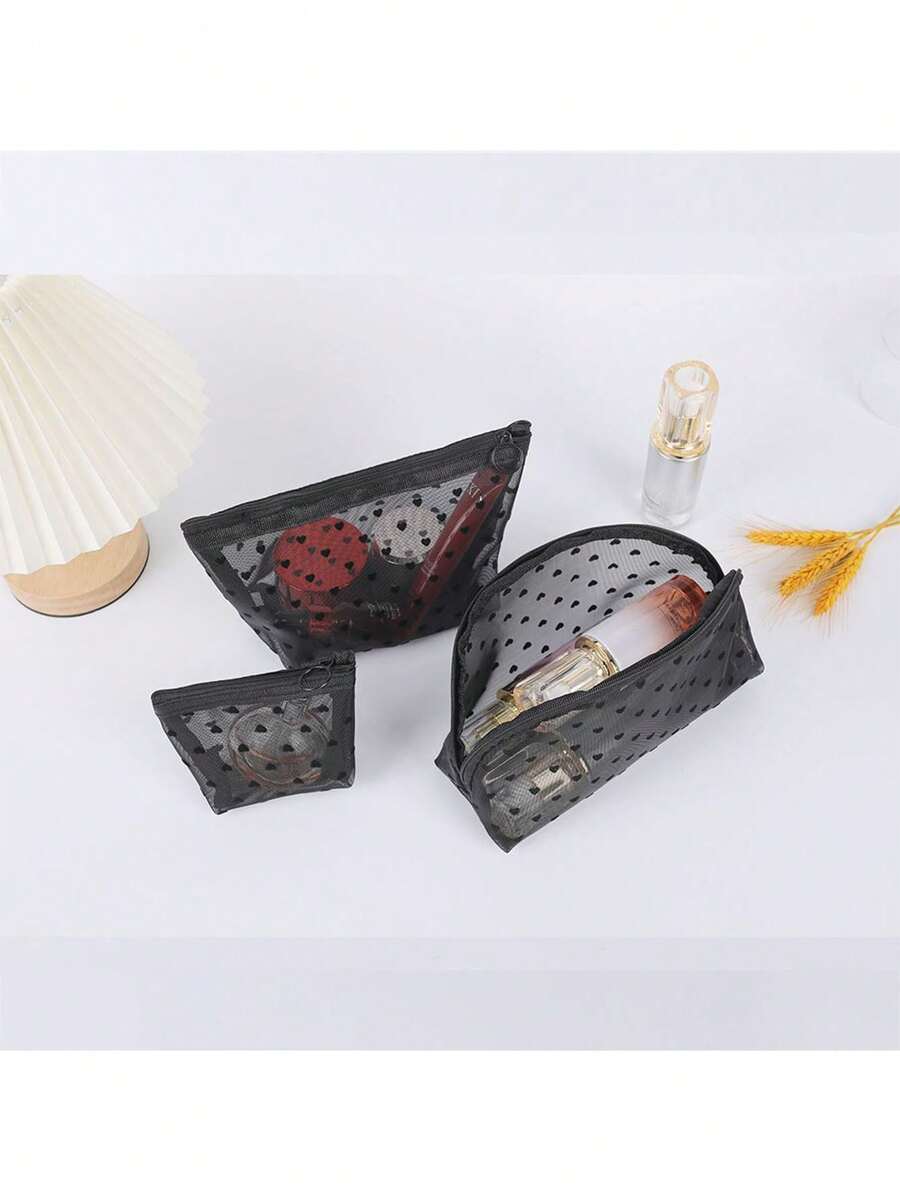 3pcs/Set Large Capacity Fashion Minimalist Transparent Hollow Out Mesh Cosmetic Bag - Black - View 1
