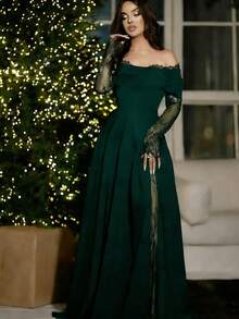 Solid Color Elegant Party Lace Patchwork Off-Shoulder Long Sleeve Zipper Wedding Guest Dress Vacation Spring - Dark Green - View 1