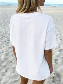MOOSGOP Summer Top-Beach & Vacation Boho Style / Casual / Versatile / Comfortable / Loungewear-Coconut Tree & Surfboard Sun Print / Watermark Design-Loose-Fit Round-Neck Drop-Shoulder Short-Sleeve T-Shirt-Women's Beachwear White - White - View 7