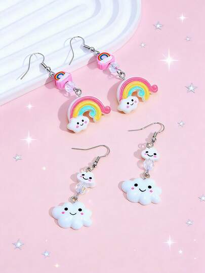 2 pares de pendientes con colgante de nube arcoíris de arcilla polimérica colorida, adecuados para uso diario, festivales, fiestas, regalo de cumpleaños para niñas