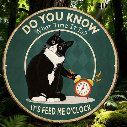 1个2D平面圆形标牌 | 复古猫咪喂食时间圆形标牌 - 猫咪主题装饰，适用于咖啡馆、厨房，非常适合猫主人，也是房间装饰、墙面悬挂的理想之选，经典风格