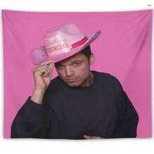 Sebastian Stan Tapestry Yes Haw Sebastian Stan With Pink Birthday Princess Cowboy Hat Tapestry, Wall Hanging, College Room Hostel Decorations Bedroom Living Room Dorm Decor - White 1pc - View 1