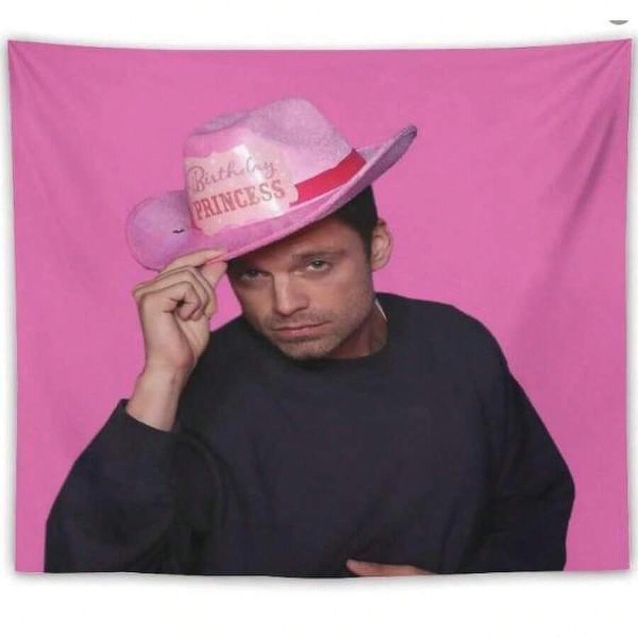Sebastian Stan Tapestry Yes Haw Sebastian Stan With Pink Birthday Princess Cowboy Hat Tapestry, Wall Hanging, College Room Hostel Decorations Bedroom Living Room Dorm Decor - White 1pc - View 1