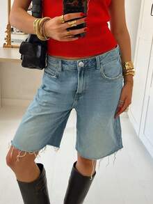 复古甜美风高腰设计5英寸牛仔短裤，宽松休闲夏季款 - 中等水洗藍 - 查看 3