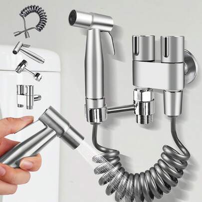 6件套壁挂式手持喷枪套装 - 包括：304不锈钢喷枪、黄铜芯双控阀、旋转支架、聚四氟乙烯胶带、软管。适用于马桶/浴室/水槽；是家居清洁、园艺和宠物清洗的理想之选。